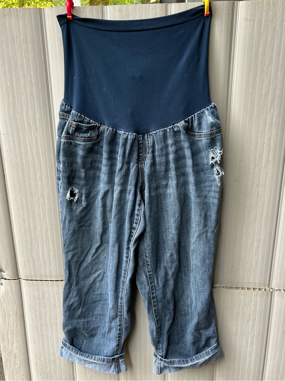 Indigo Blue Dark Navy-Panel Distressed Boyfriend Maternity Jeans
